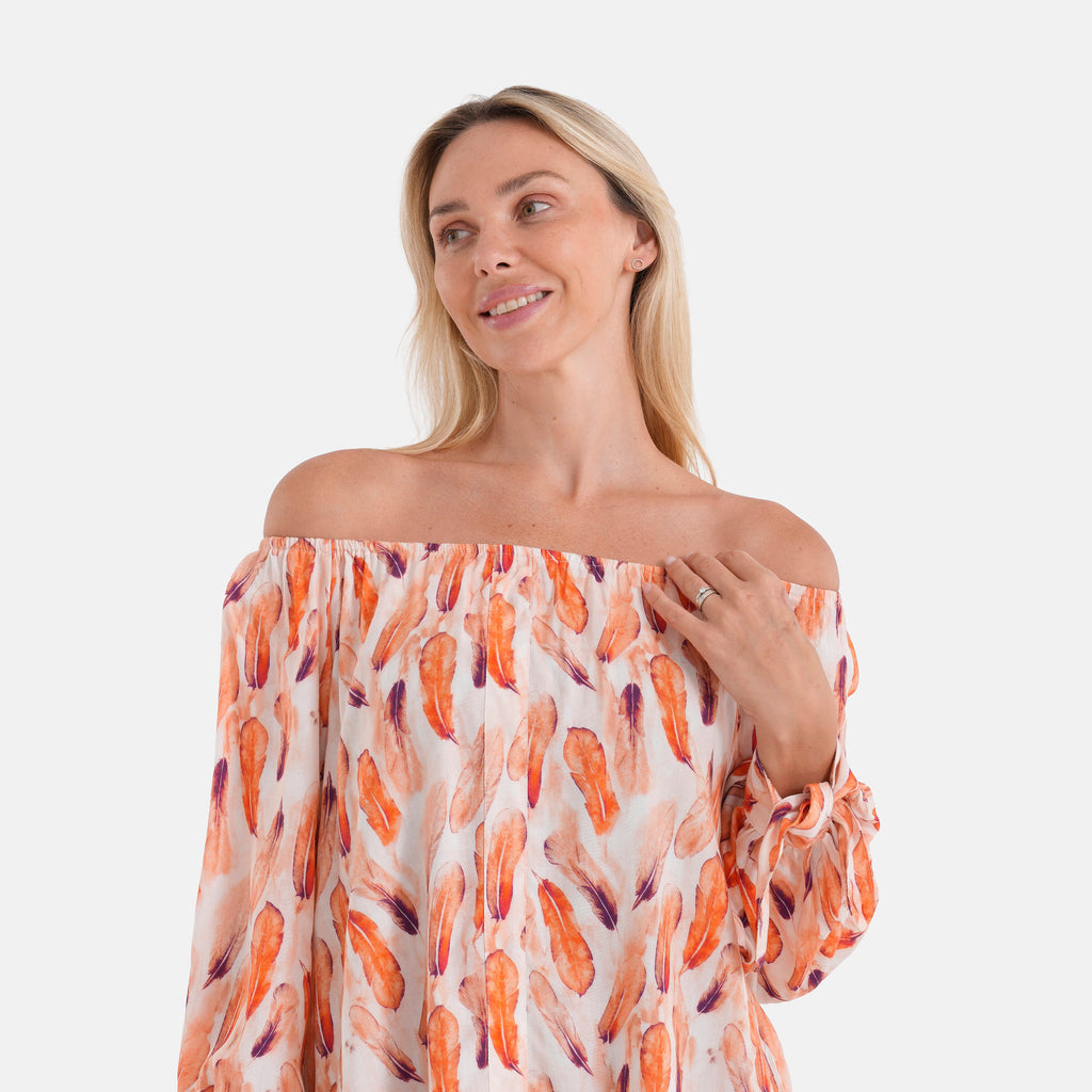Styled By Printed Boatneck Top with Balloon Sleeves (One Size) - Orange