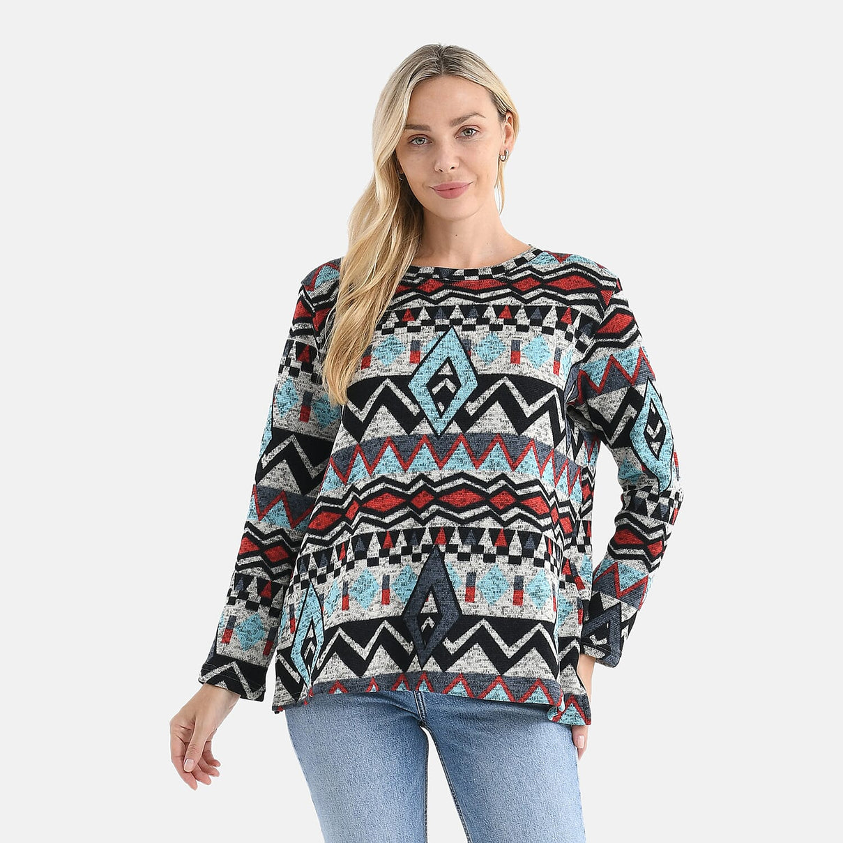 Styled By Round-Neck Aztec Geometric Knitted Top (One Size 8 - 18) - Multicolour 8253759 0