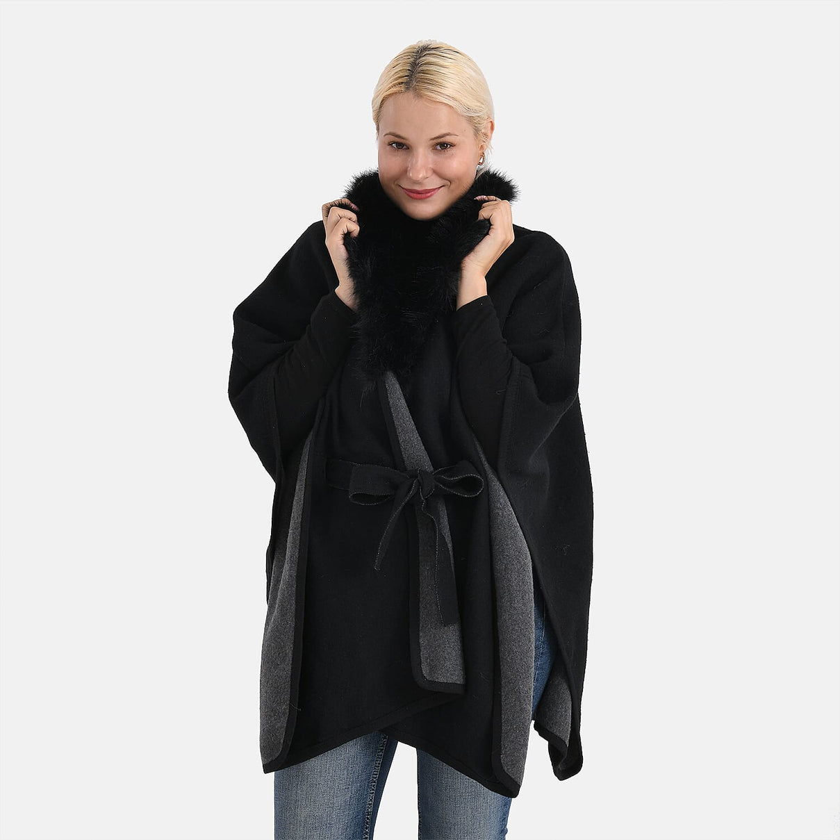 LA MAREY Signature Faux Fur Batwing Poncho (120x70 cm) - Black 8220679 3