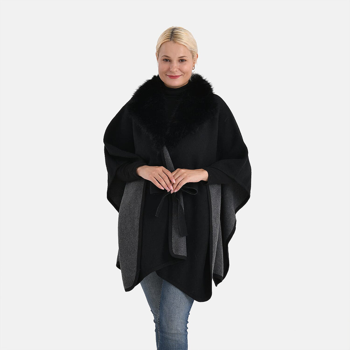 LA MAREY Signature Faux Fur Batwing Poncho (120x70 cm) - Black 8220679 4