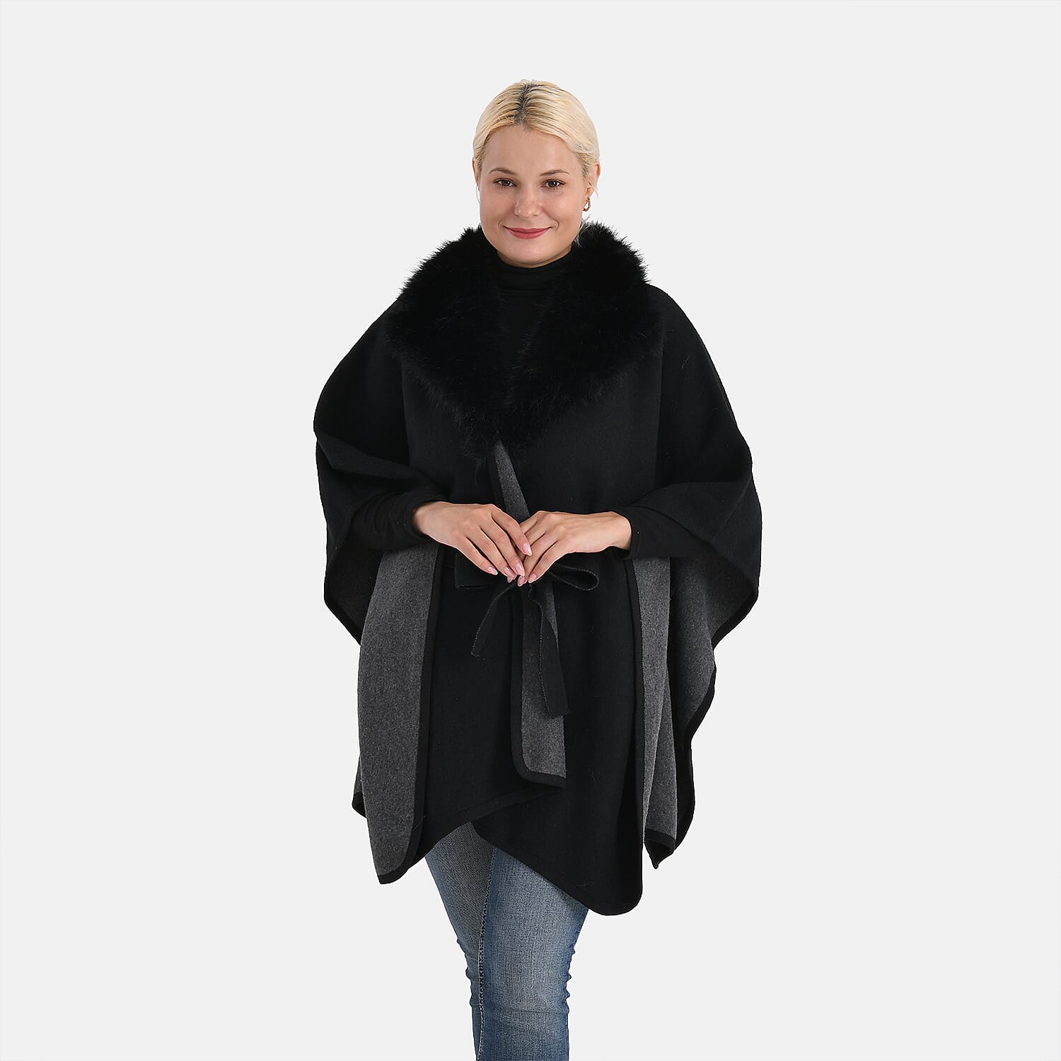 LA MAREY Signature Faux Fur Batwing Poncho (120x70 cm) - Black 8220679 4