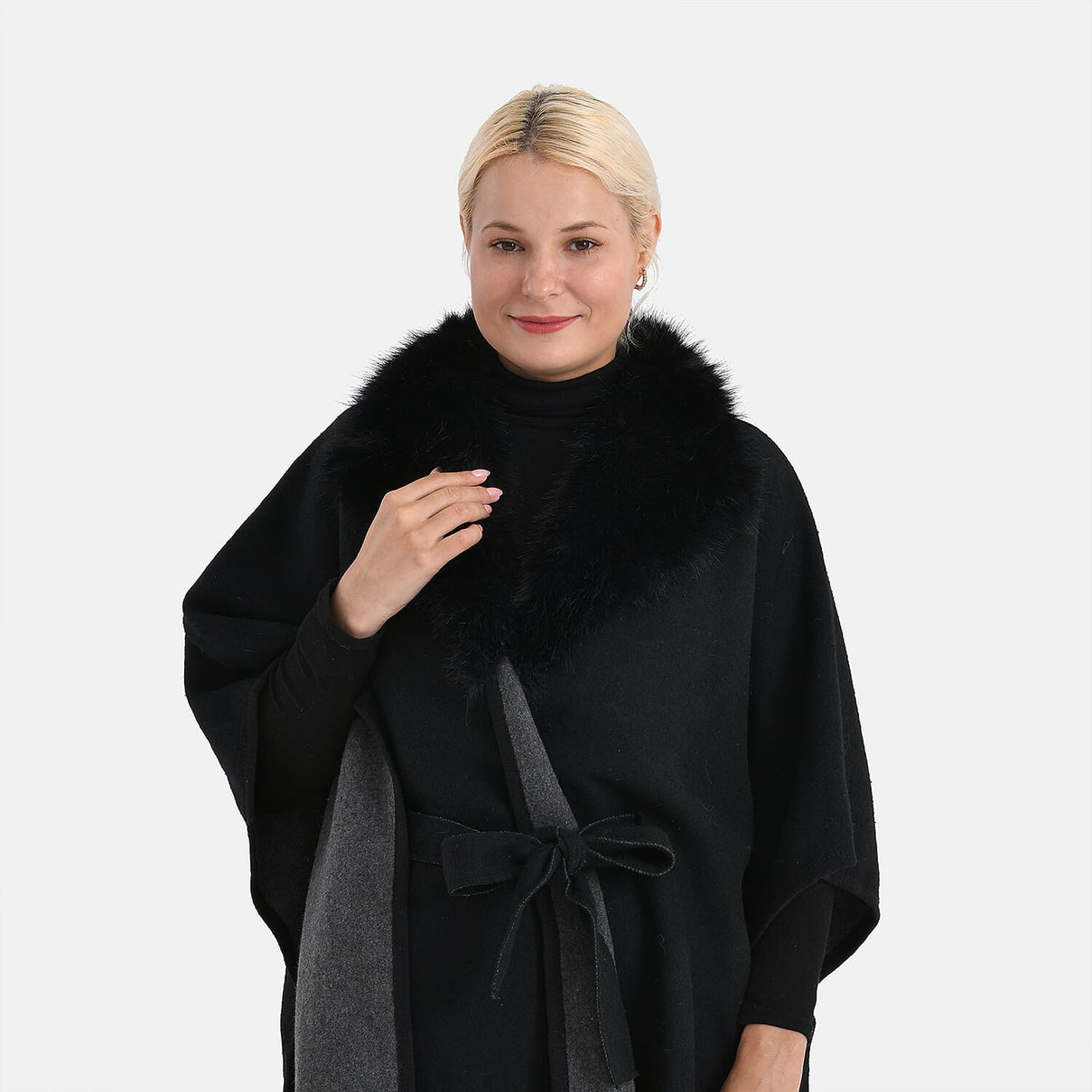 LA MAREY Signature Faux Fur Batwing Poncho (120x70 cm) - Black 8220679 5