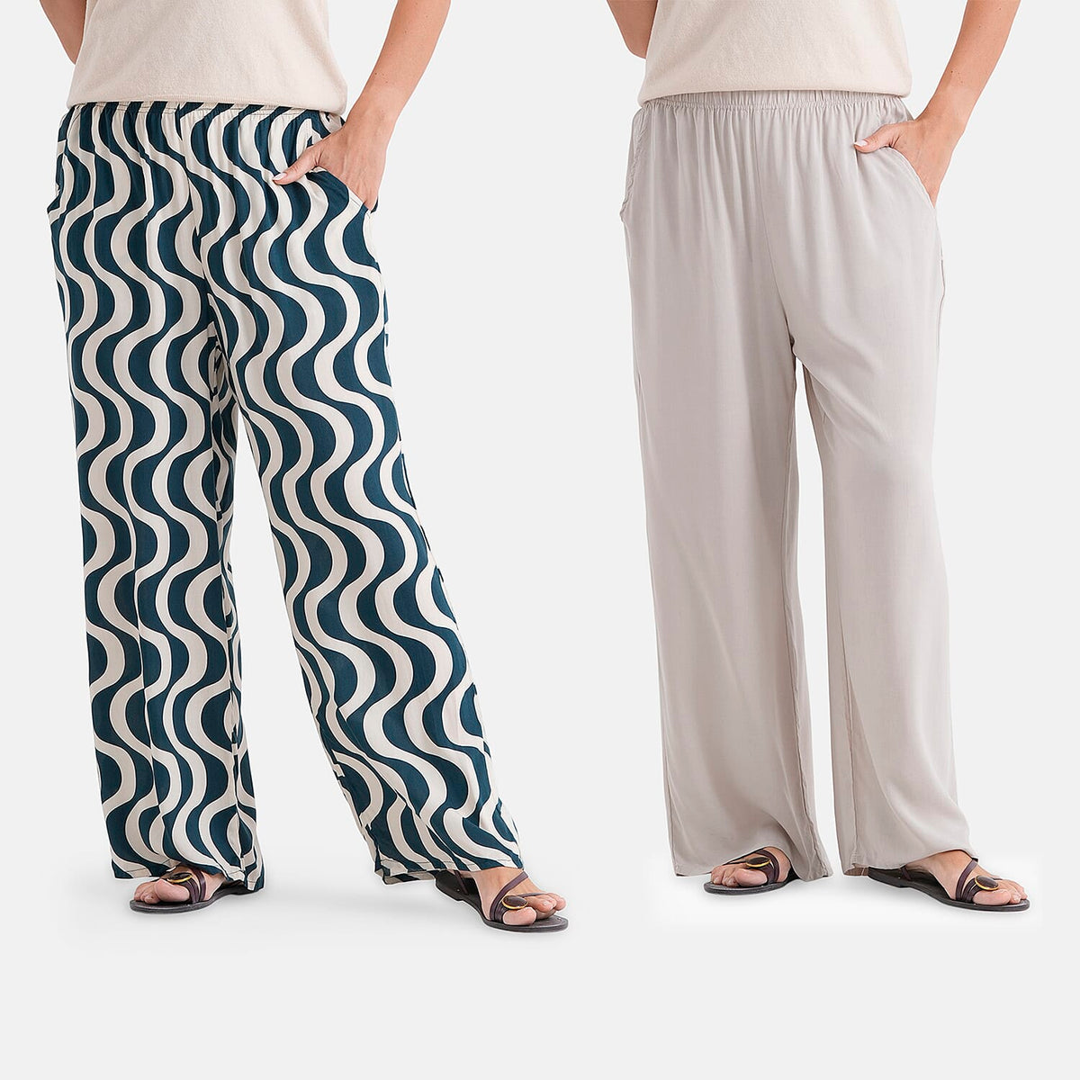 &amp; Maisi Set Of 2 Printed And Solid Color Wide-Leg Trousers (Size M) - Green &amp; Beige V32612291 0