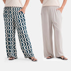 - Maisi Set Of 2 Printed And Solid Color Wide-Leg Trousers (Size M) - Forest Green AND White