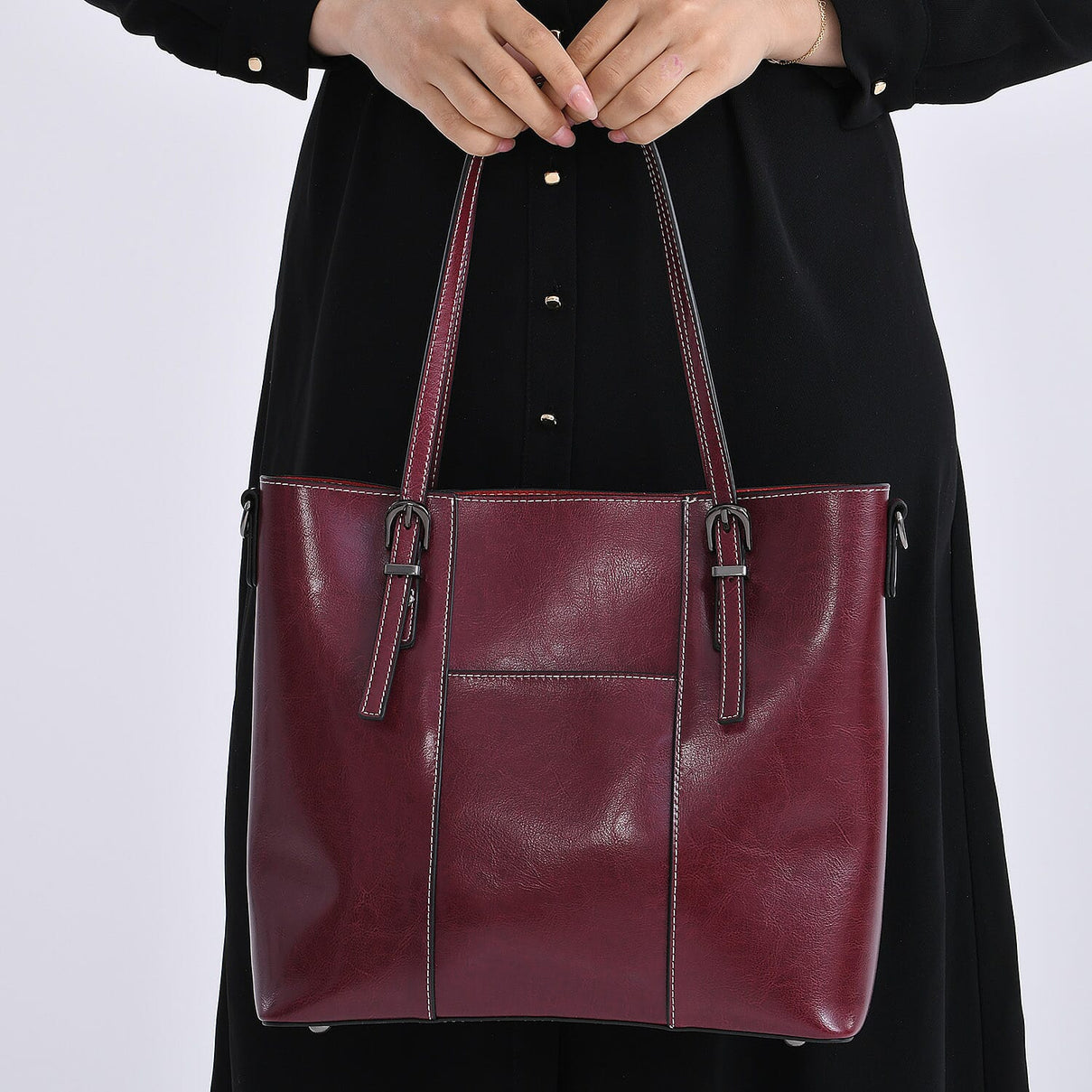 Stylish Genuine Leather Everyday Tote Bag With Adjustable Strap - Wine Red 8071175 2