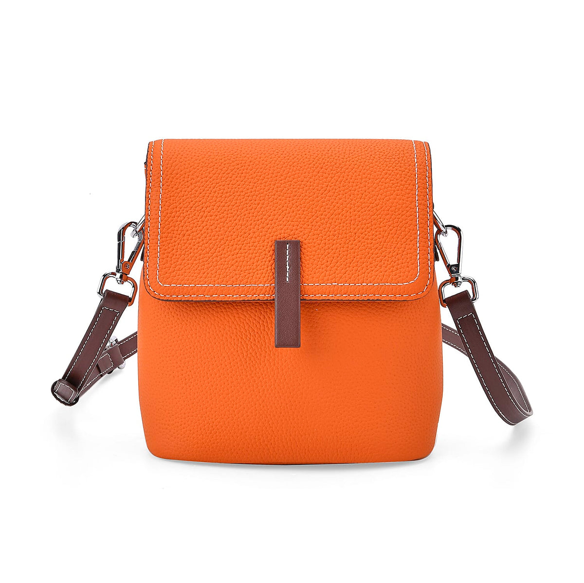 Stylish Two-Tone Genuine Leather Rectangular Flap Crossbody with Brown Adjustable Strap - Orange &amp; Tan 8033310 0