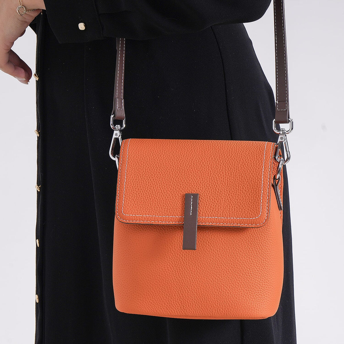 Stylish Two-Tone Genuine Leather Rectangular Flap Crossbody with Brown Adjustable Strap - Orange &amp; Tan 8033310 3