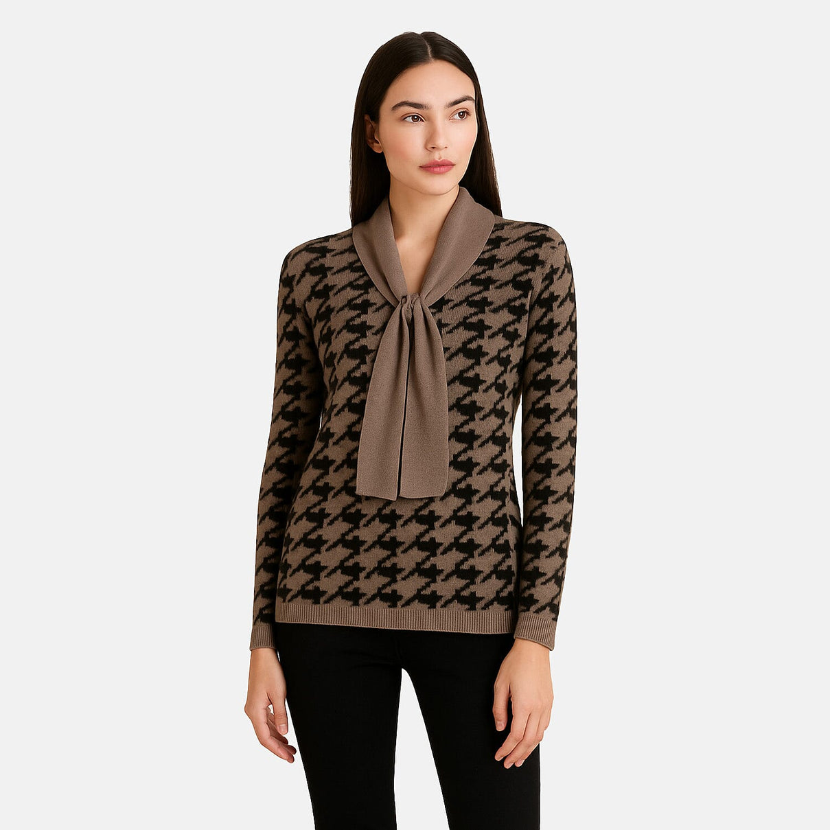 Sugar Crisp Houndstooth Knit Jumper With Neck Scarf (Size L) - Brown 8198585 0