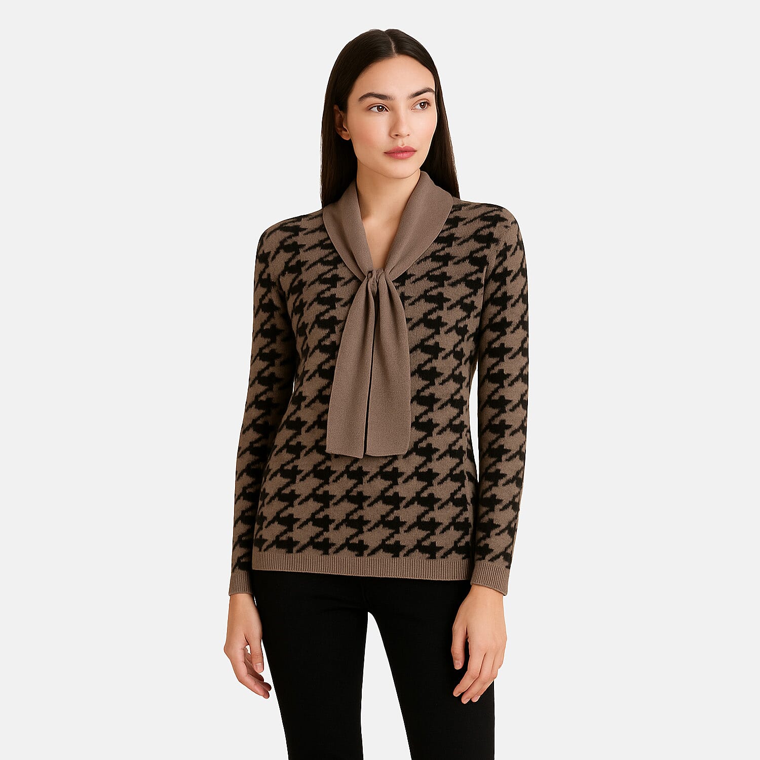 Sugar Crisp Houndstooth Knit Jumper With Neck Scarf (Size L) - Brown 8198585 0