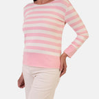 Sugar Crisp Italian Made Round-Neck Colour-Block Stripe Roll-Sleeve Top One-Size (Fits upto Size 18) - Pink