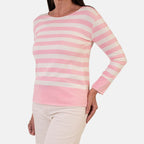 Sugar Crisp Italian Made Round-Neck Colour-Block Stripe Roll-Sleeve Top One-Size (Fits upto Size 18) - Pink