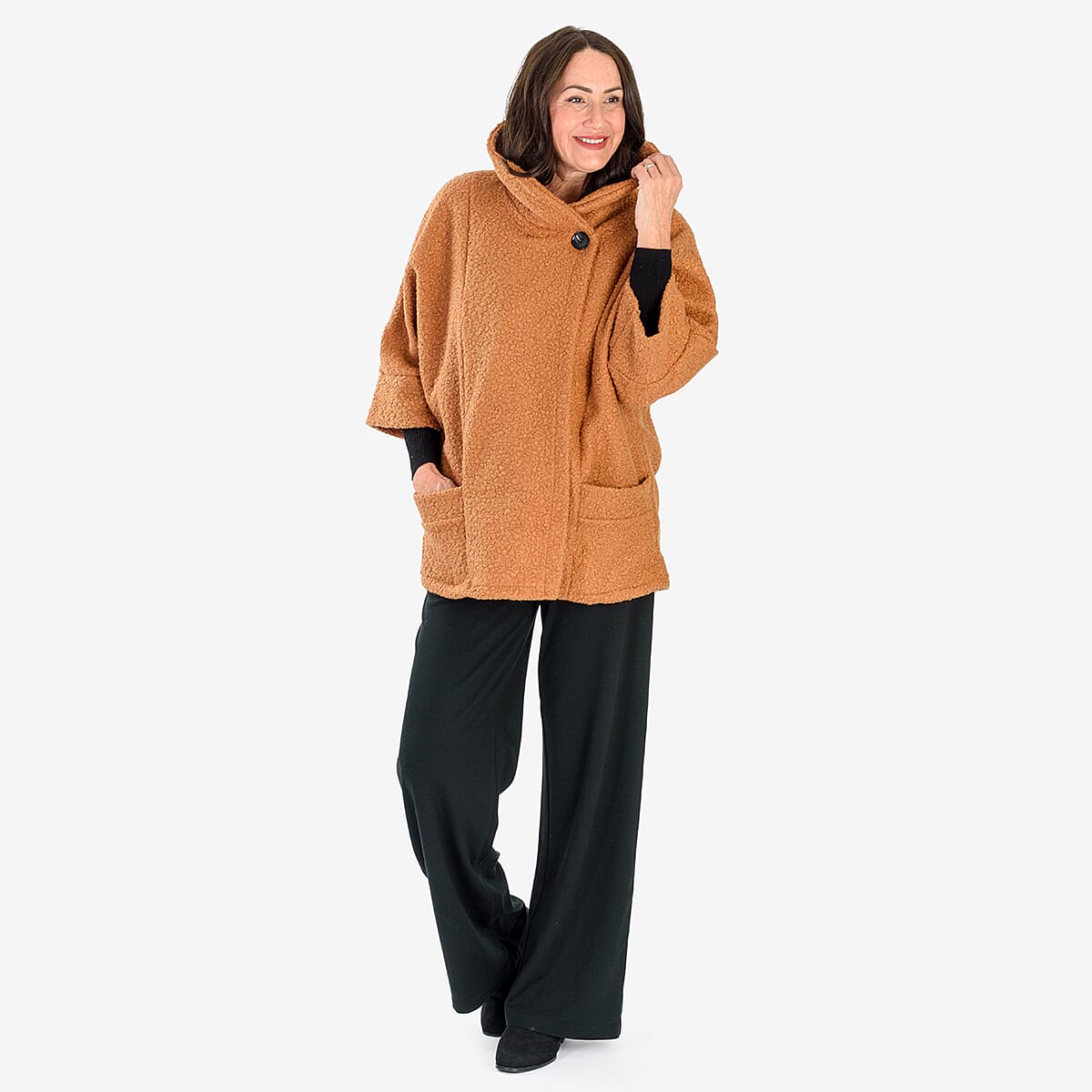 Sugar Crisp Made In Italy One Button Boucle Coat With Pockets (One Size 8 to 22) - Brown 8411819 0