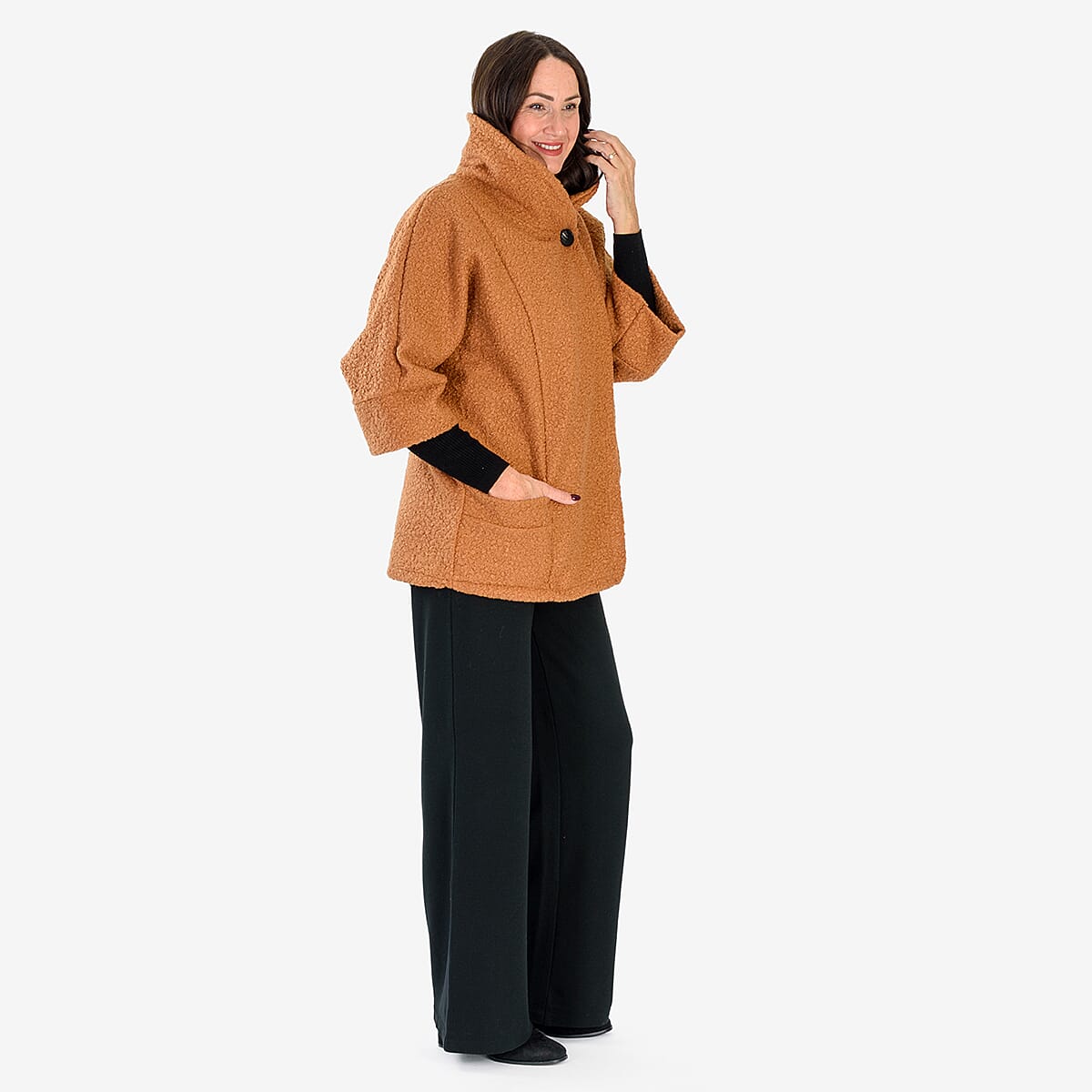 Sugar Crisp Made In Italy One Button Boucle Coat With Pockets (One Size 8 to 22) - Brown 8411819 1