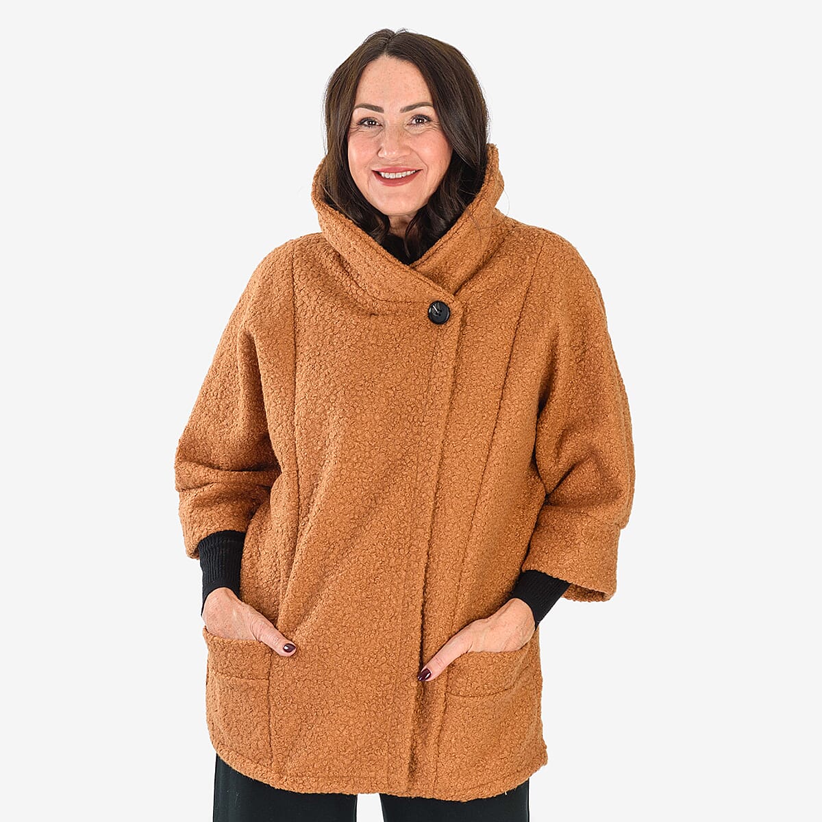 Sugar Crisp Made In Italy One Button Boucle Coat With Pockets (One Size 8 to 22) - Brown 8411819 4
