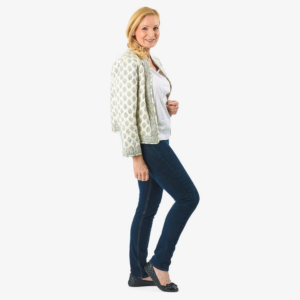 Sukriti 100% Cotton Hand Block Print Quilted Jacket (Size L) - White Base with Blue Details