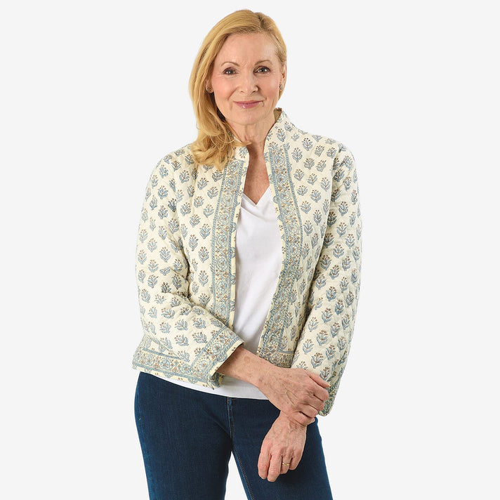 Sukriti 100% Cotton Hand Block Print Quilted Jacket (Size S) - White Base with Blue Details 8018116 1