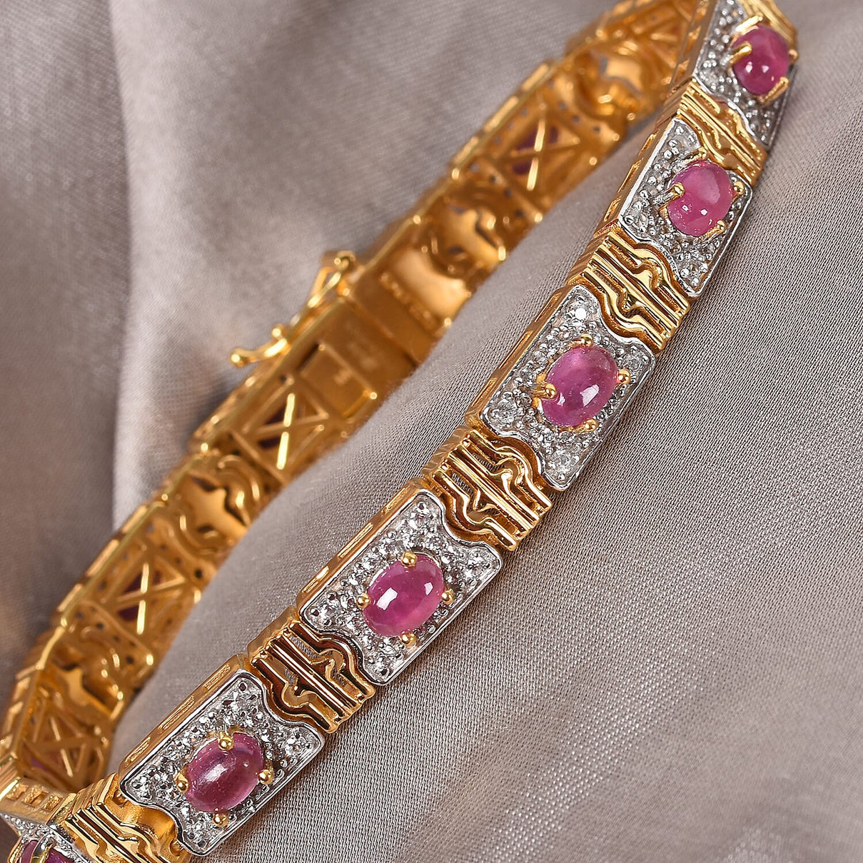 Sunday's Child Ruby with Natural Cambodian Zircon Bracelet with Box Clasp in 14K Gold and Platinum Plated Sterling Silver 11.50 Ct. Size 7.5 inches 3712060 2