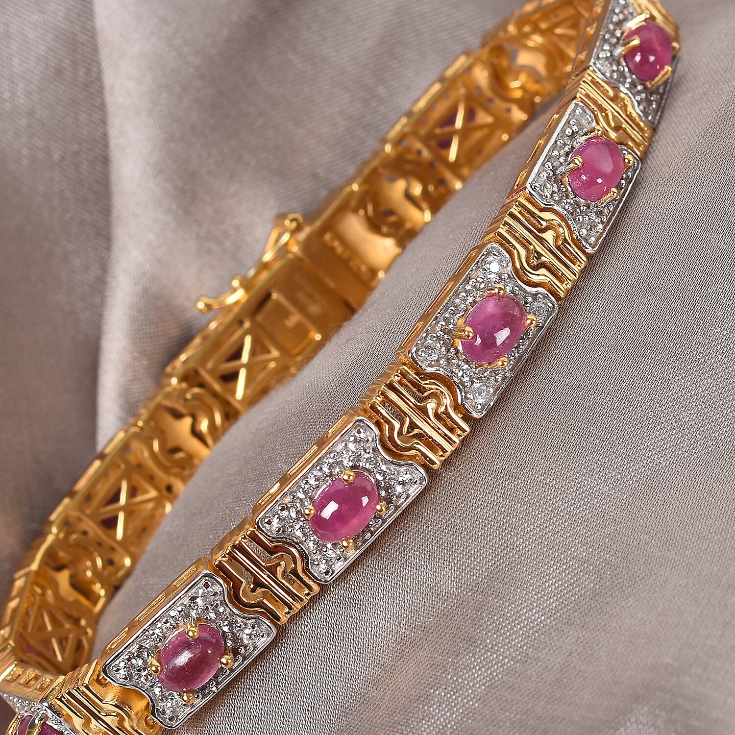 Sunday's Child Ruby with Natural Cambodian Zircon Bracelet with Box Clasp in 14K Gold and Platinum Plated Sterling Silver 11.50 Ct. Size 7.5 inches 3712060 2