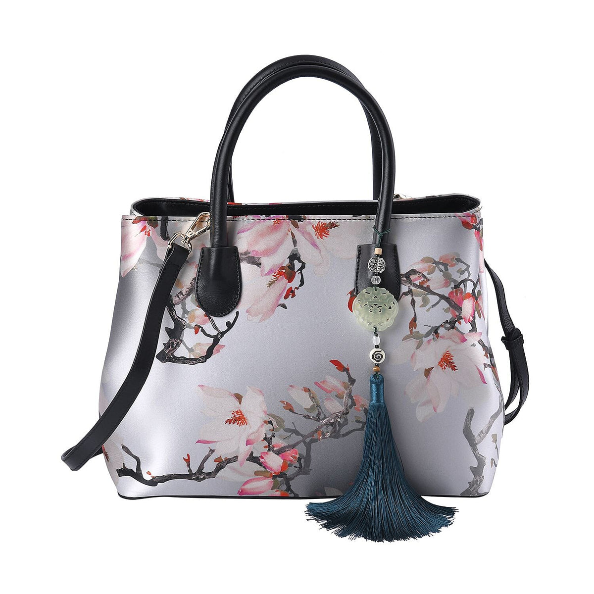 Silk with Genuine Leather Floral Pattern Convertible Bag - Light Grey and Purple 7027138 0