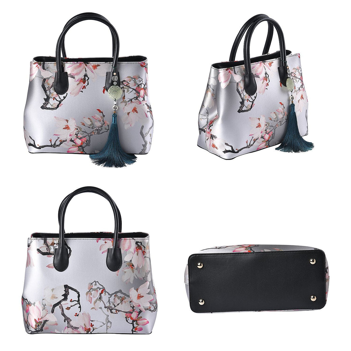 Silk with Genuine Leather Floral Pattern Convertible Bag - Light Grey and Purple 7027138 4