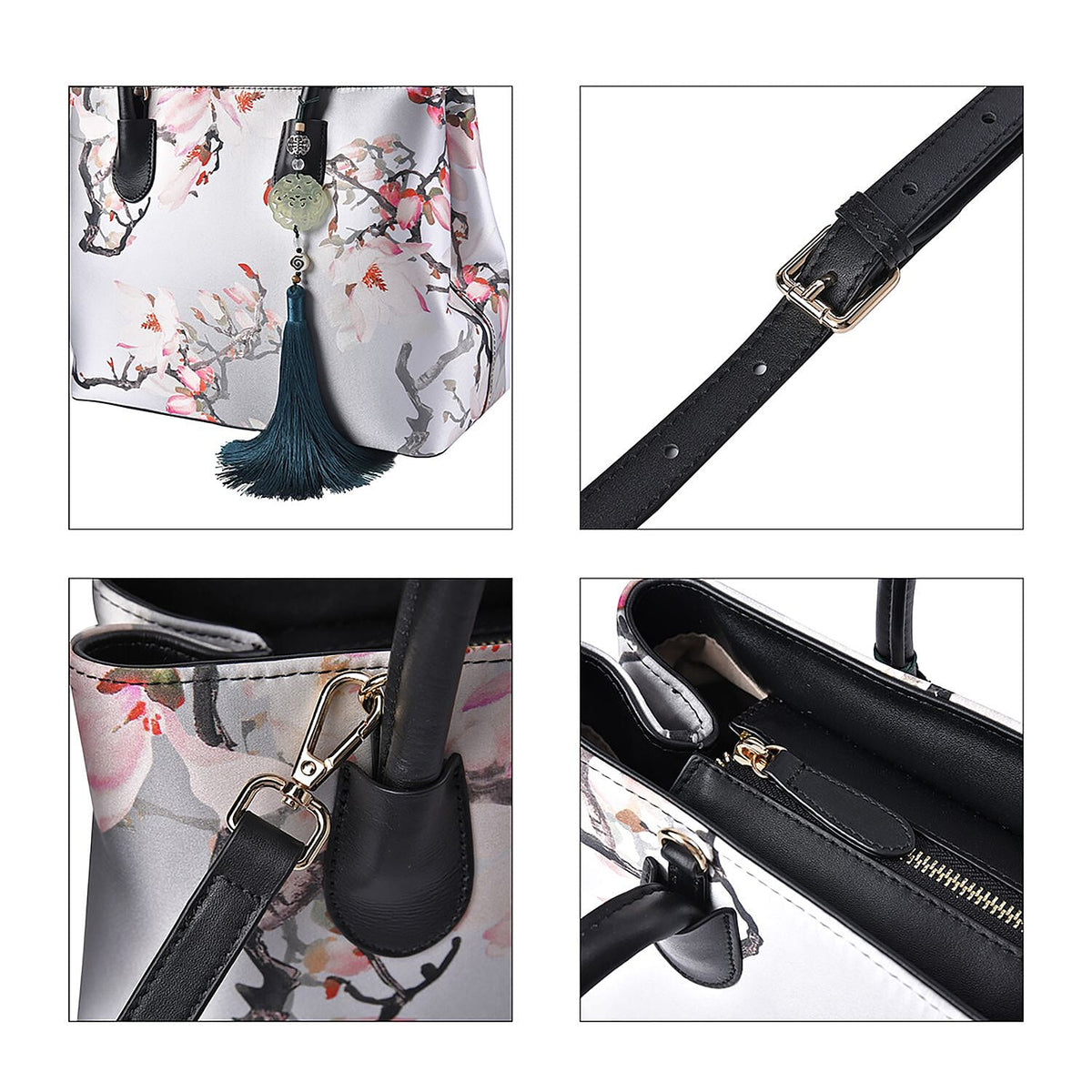 Silk with Genuine Leather Floral Pattern Convertible Bag - Light Grey and Purple 7027138 5