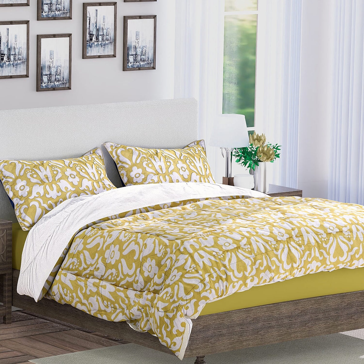 Super Find - 3 Piece Set - Microfiber Digital Floral Printed Comforter and 2 Pillow Sham for Home DÃ©cor and Bedding - Mustard and White 3876601 0