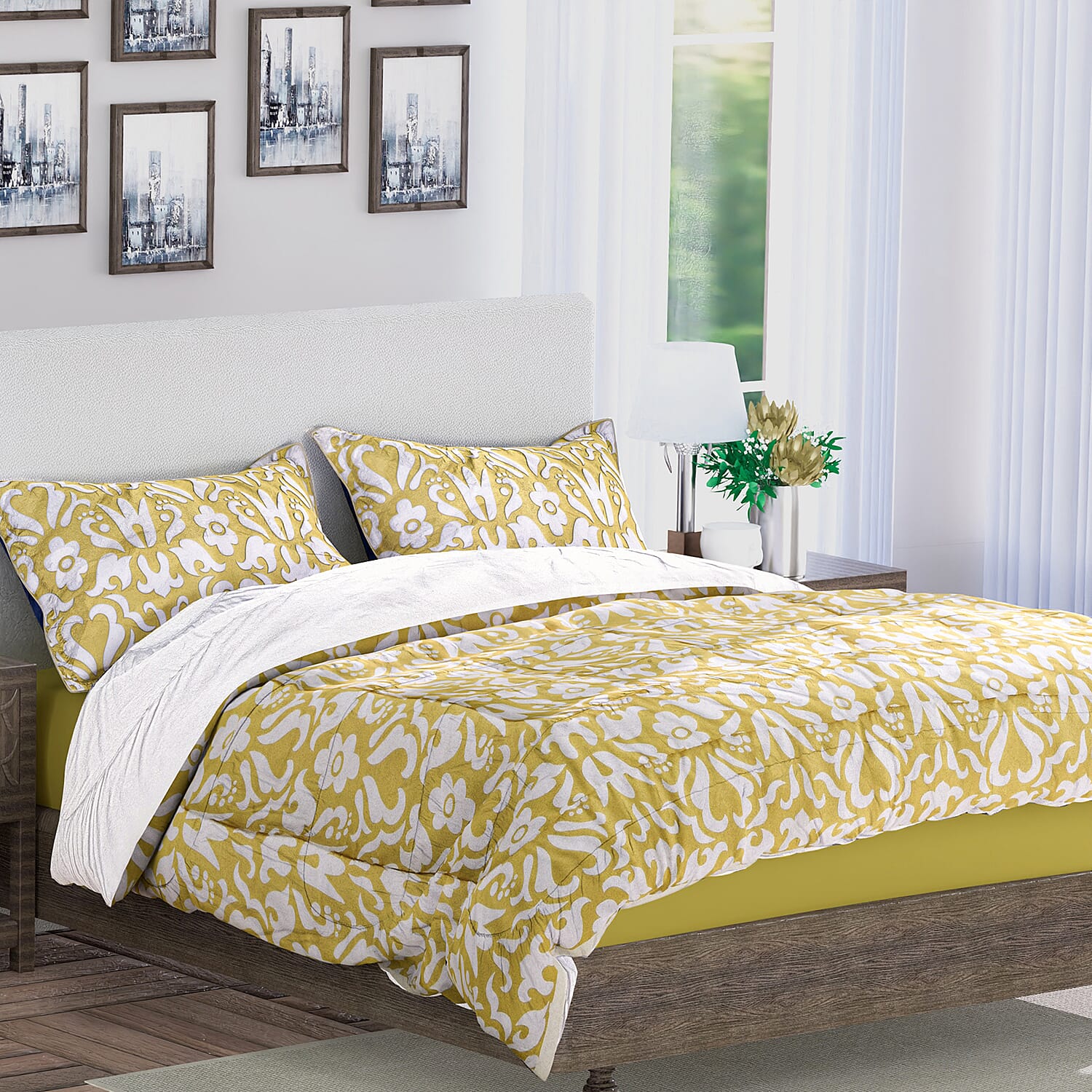 Super Find - 3 Piece Set - Microfiber Digital Floral Printed Comforter and 2 Pillow Sham for Home DÃ©cor and Bedding - Mustard and White 3876601 0