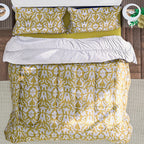 3 Piece Set - Microfiber Digital Printed Comforter (Size 225x220cm) and 2 Pillow Covers (Size 75x50cm) - Mustard & White