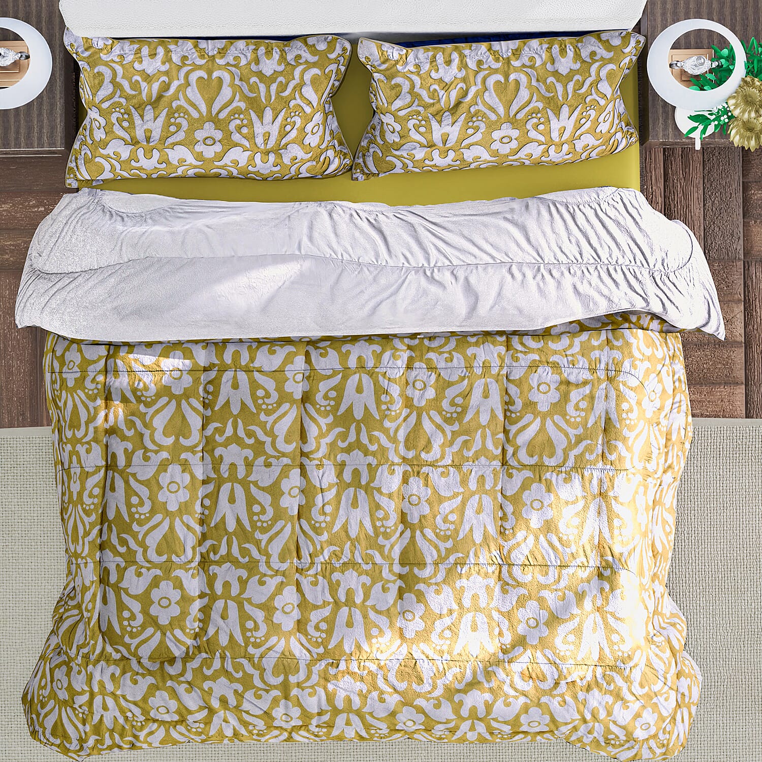 Super Find - 3 Piece Set - Microfiber Digital Floral Printed Comforter and 2 Pillow Sham for Home DÃ©cor and Bedding - Mustard and White 3876601 3