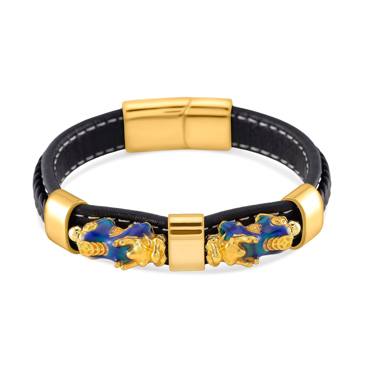 Super Find - Genuine Leather with Alloy-Std Yellow Pixiu Enameled Bracelet (Size - 8) 8146434 0