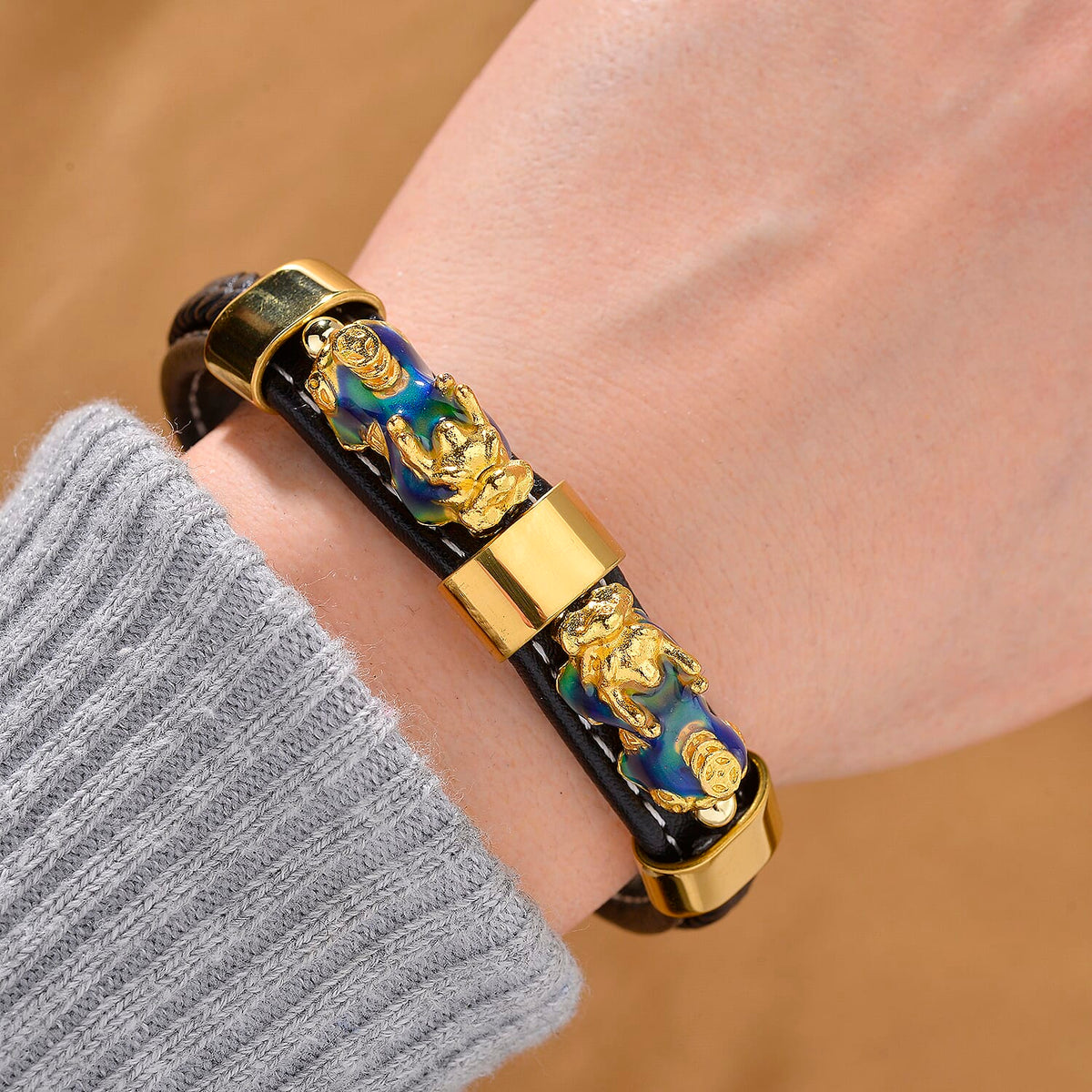 Super Find - Genuine Leather with Alloy-Std Yellow Pixiu Enameled Bracelet (Size - 8) 8146434 2
