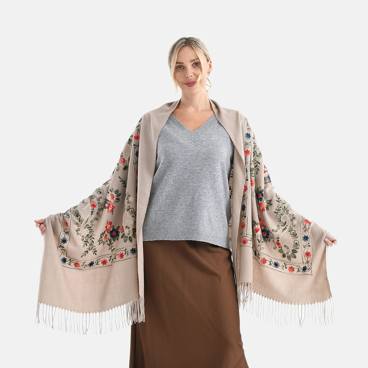 Super Soft Floral Embroidery Scarf (Size 180 x 70 cm) - Brown 8274860 1