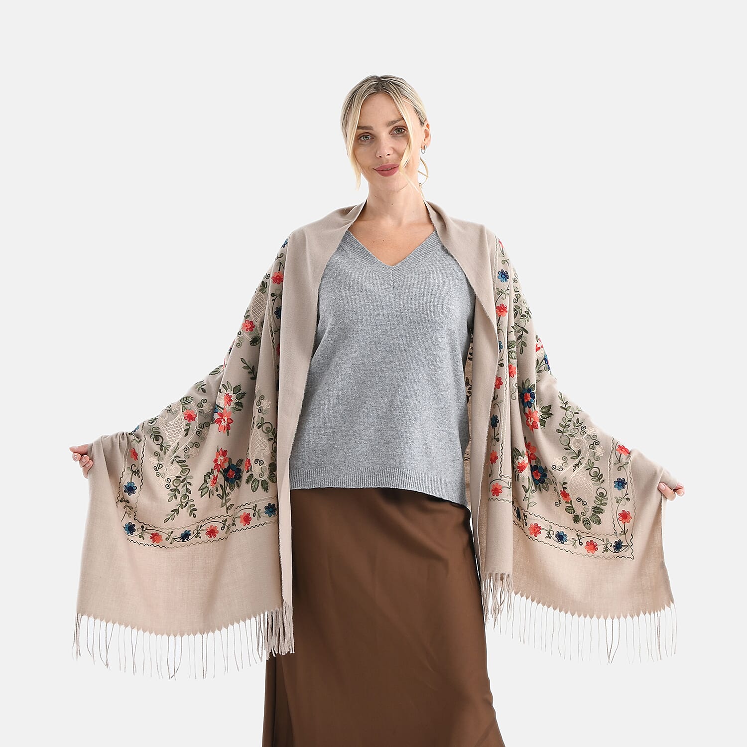 Super Soft Floral Embroidery Scarf (Size 180 x 70 cm) - Brown 8274860 1