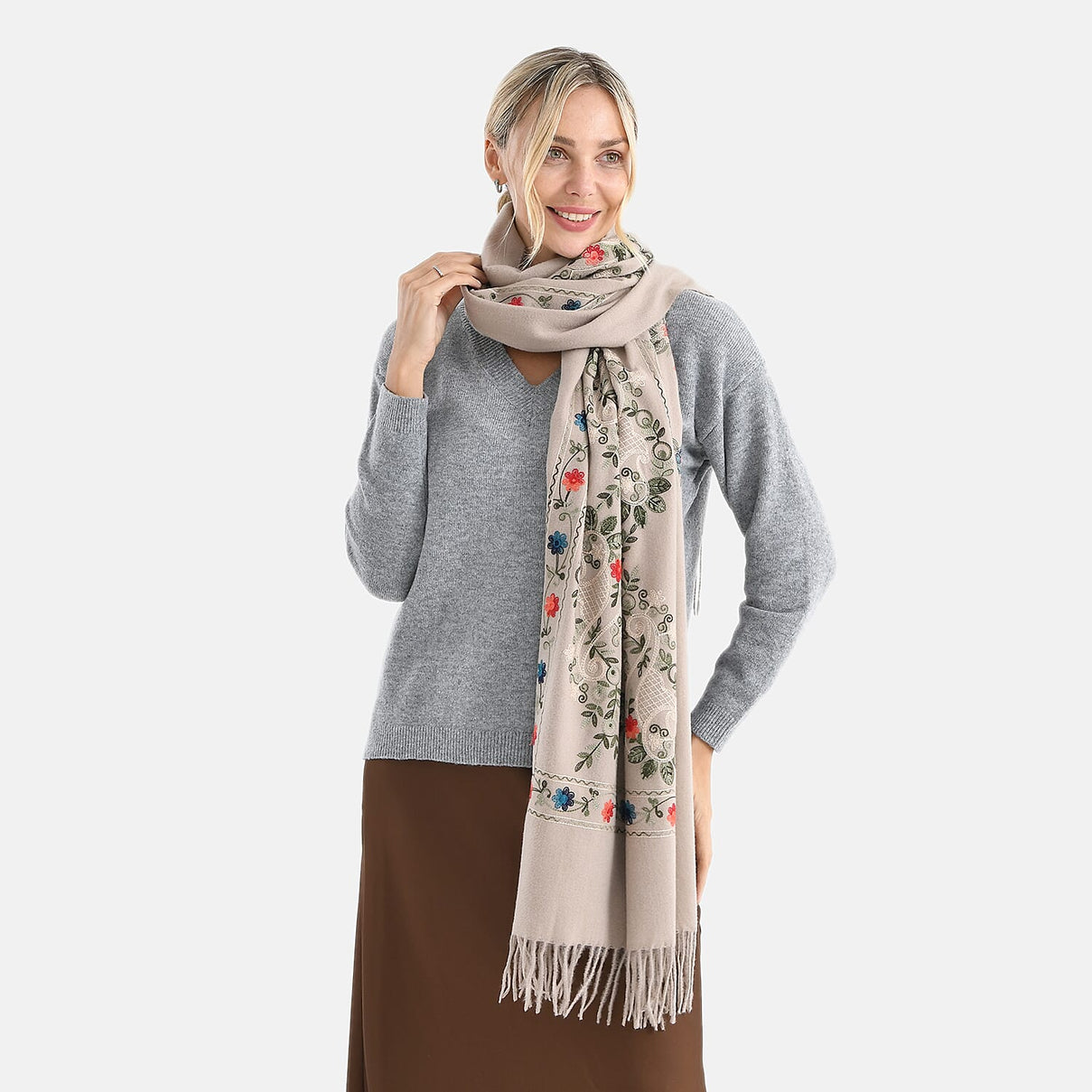 Super Soft Floral Embroidery Scarf (Size 180 x 70 cm) - Brown 8274860 2