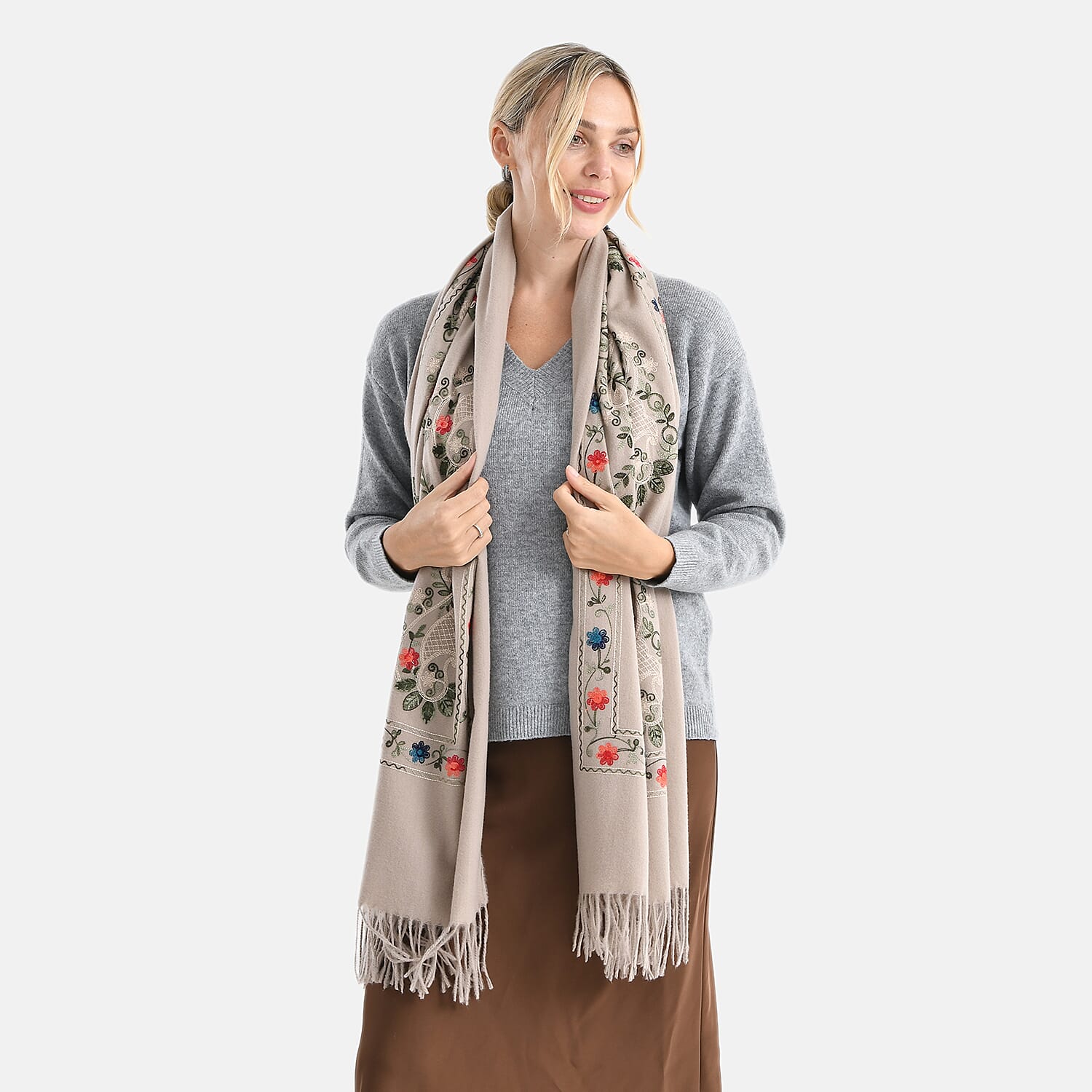 Super Soft Floral Embroidery Scarf (Size 180 x 70 cm) - Brown 8274860 3