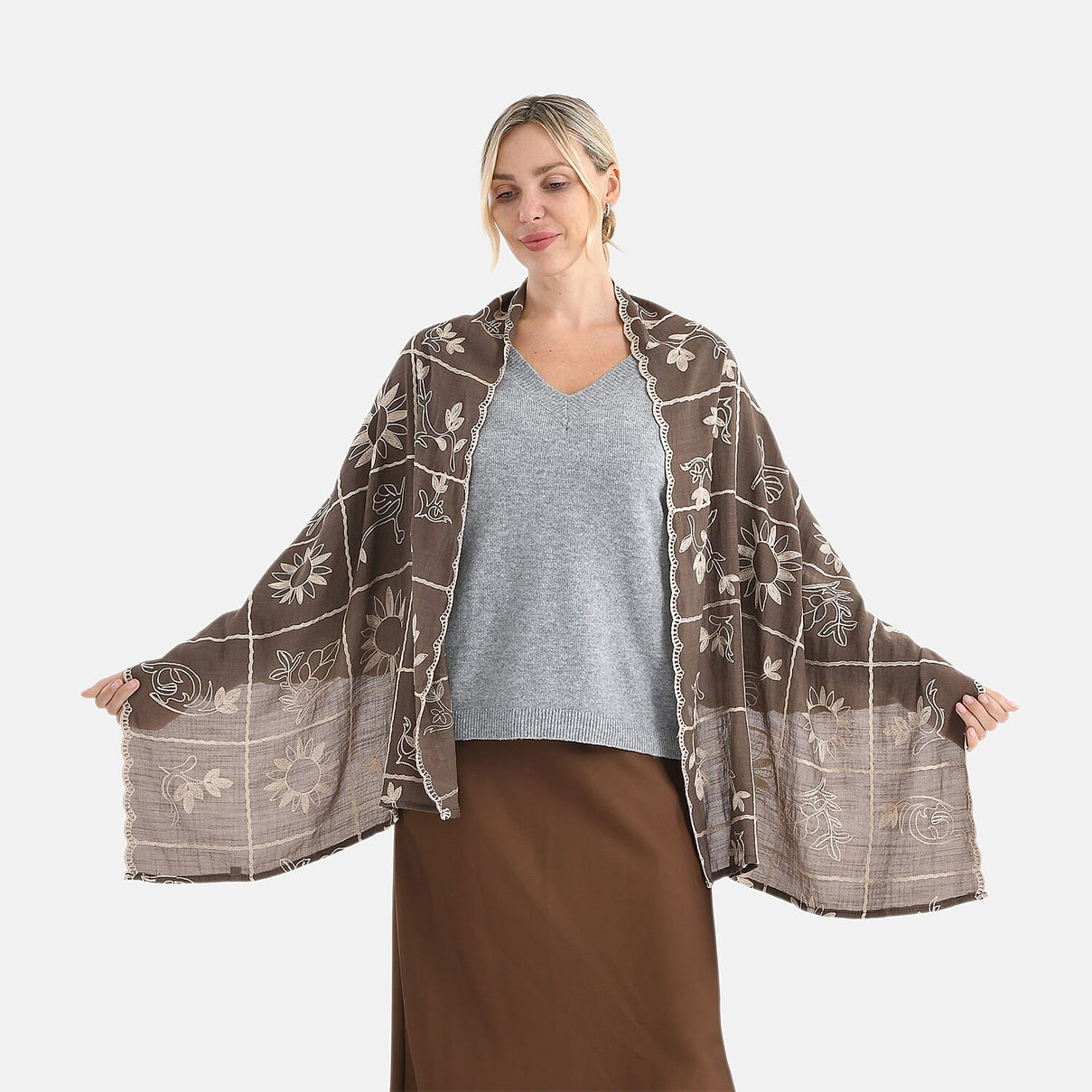 Super Soft Oversized Floral Embroidery Scarf (180 x 65cm) - Brown 8289988 0