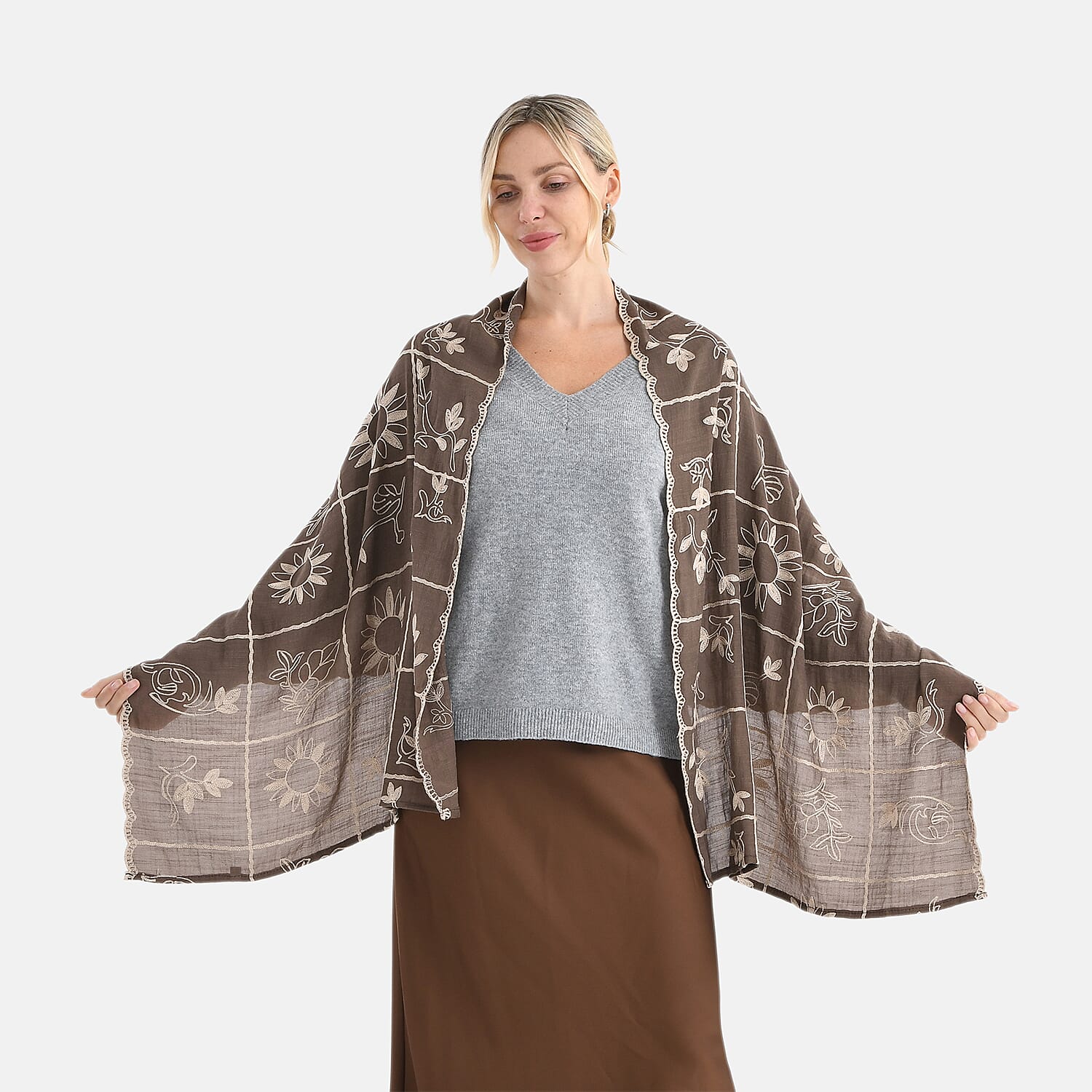 Super Soft Oversized Floral Embroidery Scarf (180 x 65cm) - Brown 8289988 0