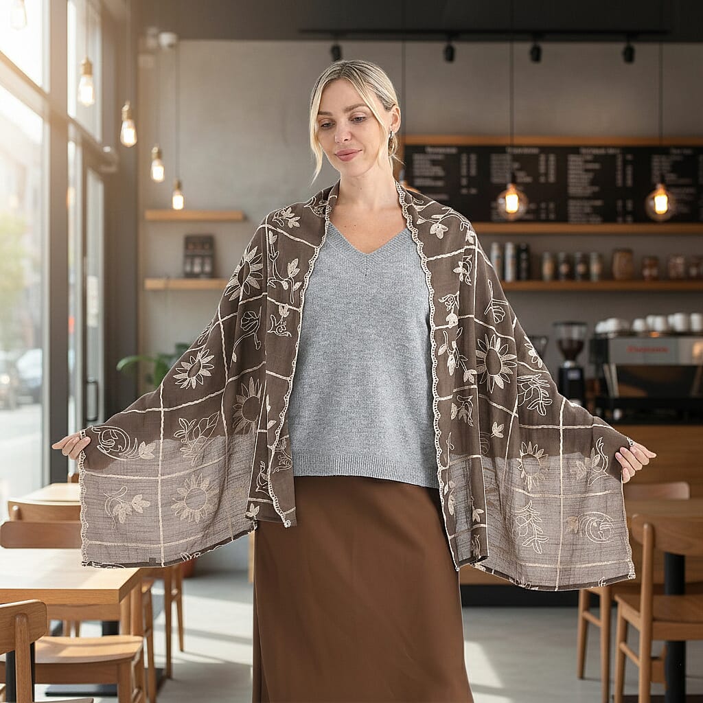 Super Soft Oversized Floral Embroidery Scarf (180 x 65cm) - Brown