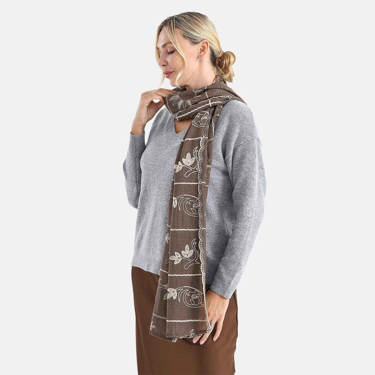 Super Soft Oversized Floral Embroidery Scarf (180 x 65cm) - Brown 8289988 3