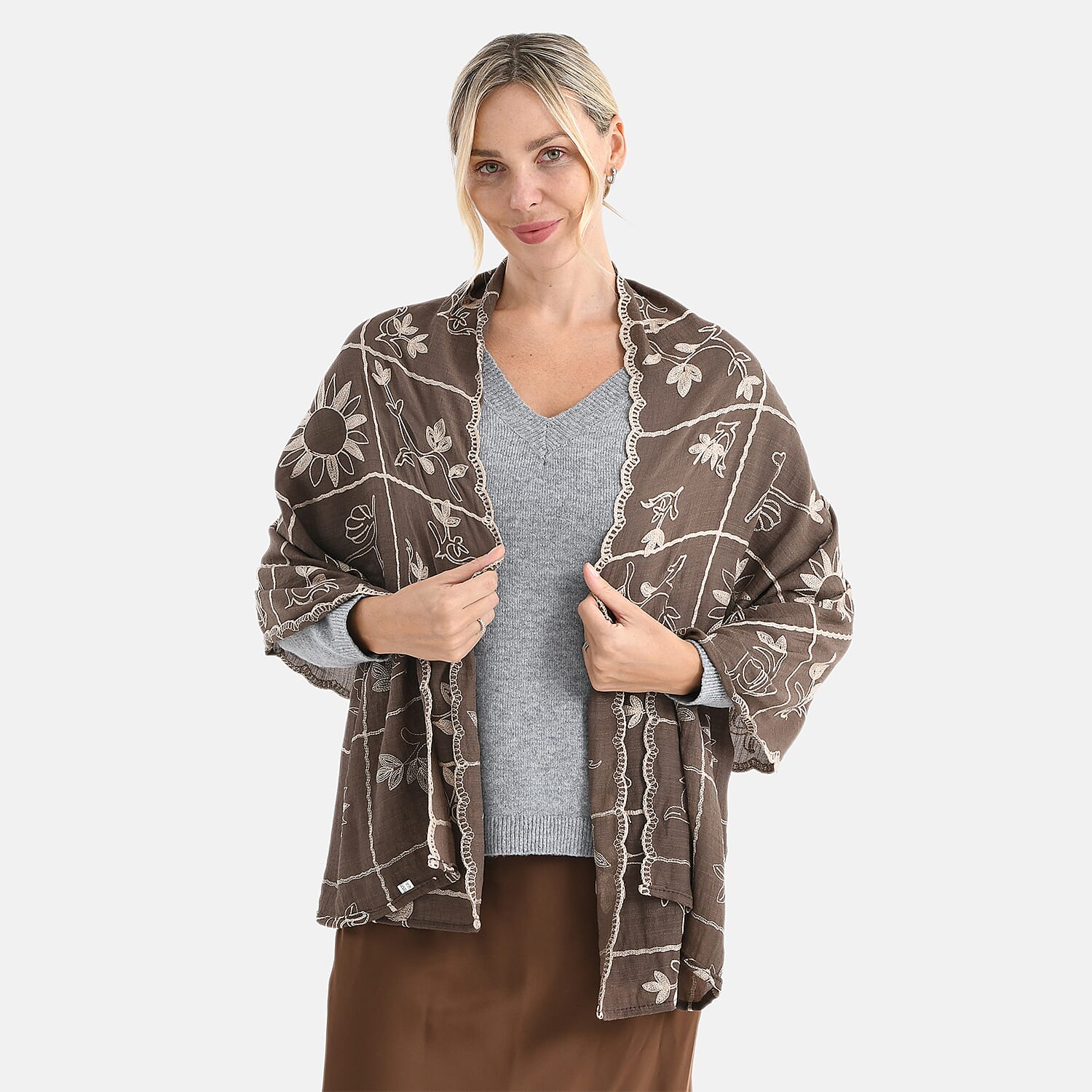 Super Soft Oversized Floral Embroidery Scarf (180 x 65cm) - Brown 8289988 4