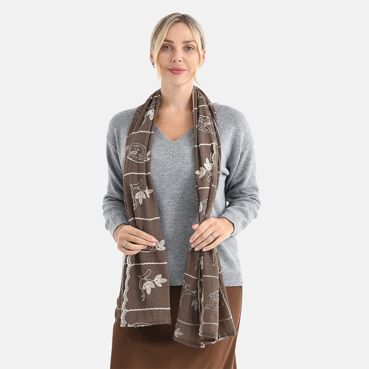 Super Soft Oversized Floral Embroidery Scarf (180 x 65cm) - Brown 8289988 5
