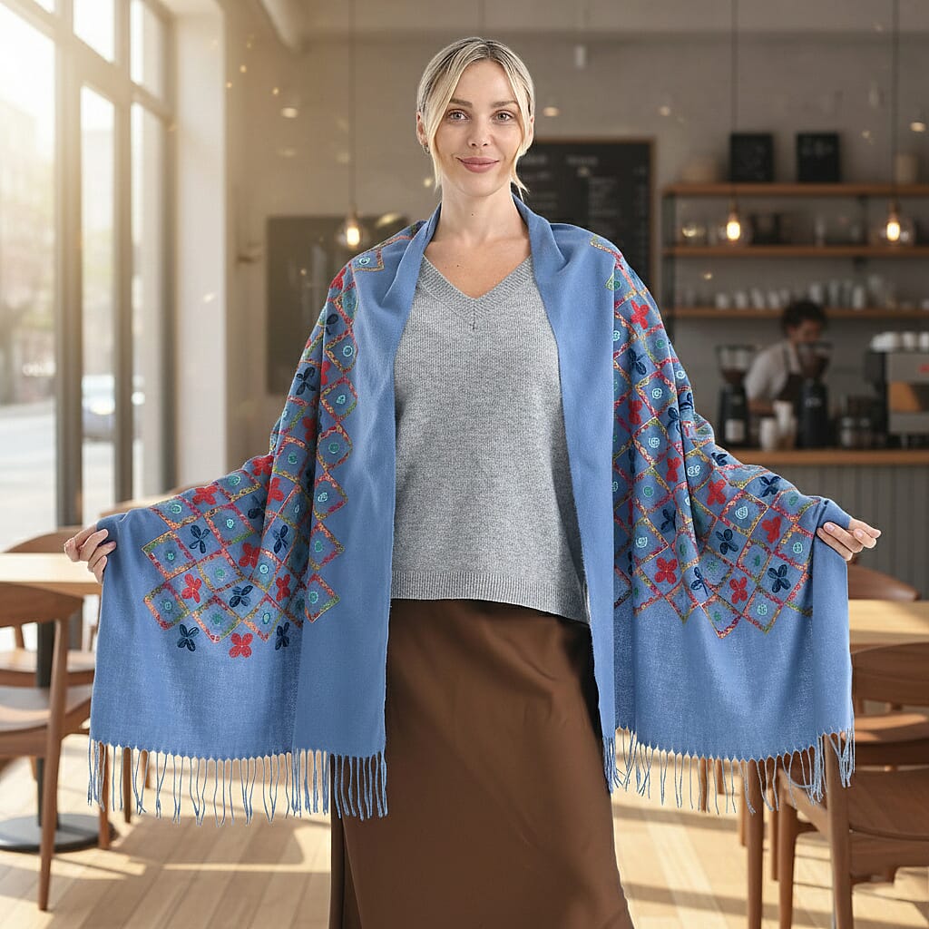 Super Soft Oversized Floral Embroidery Scarf (185 x 70cm) - Blue