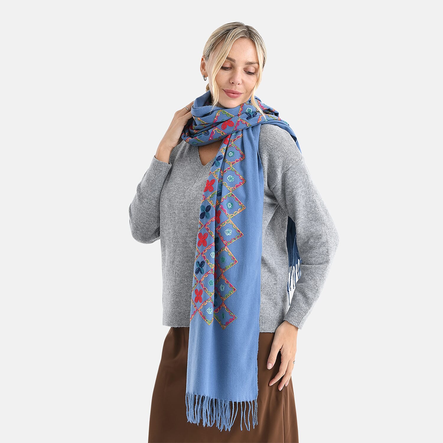 Super Soft Oversized Floral Embroidery Scarf (185 x 70cm) - Blue 8289911 3