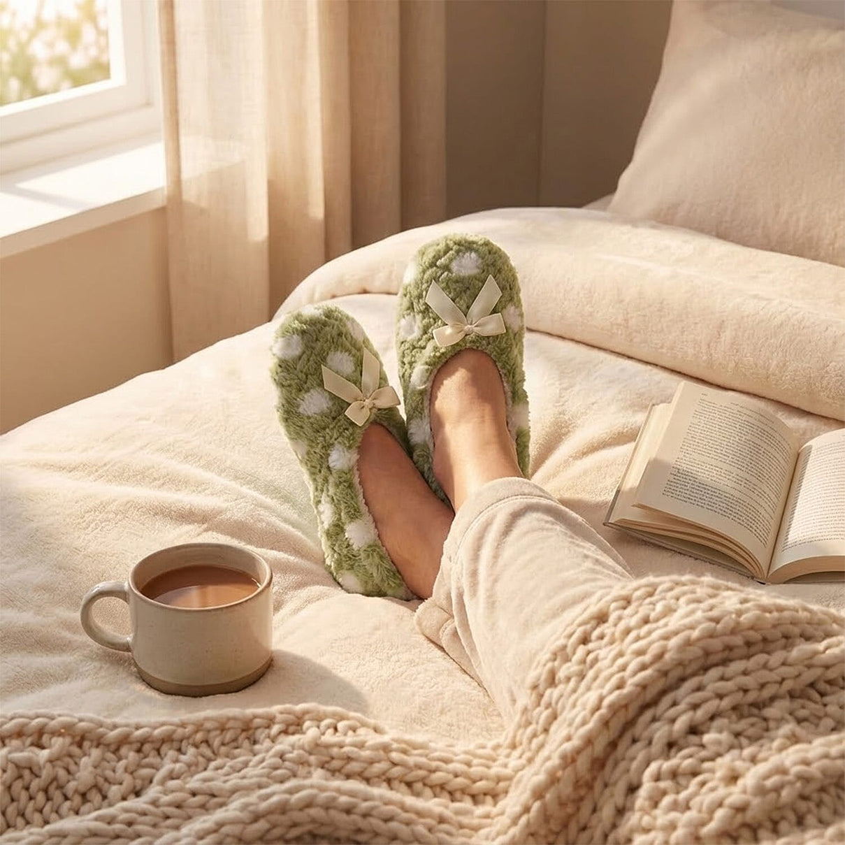 Super Soft Warm Cozy Spots Design Slipper Socks (UK 4-8) - Khaki. 8374316 2