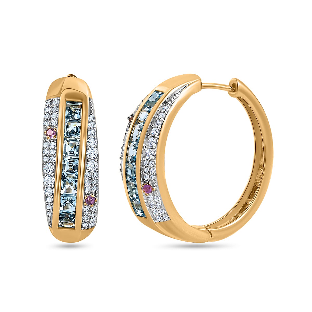 GP Celestial Collection - Swiss Blue Topaz and Multi Gemstone Hoop Earrings in 18K Yellow Gold Vermeil Plated Sterling Silver 3.56 Ct, 7711869 0