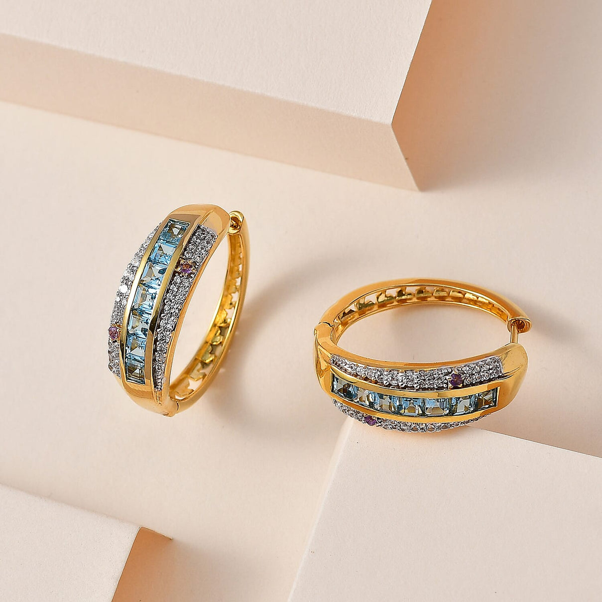 GP Celestial Collection - Swiss Blue Topaz and Multi Gemstone Hoop Earrings in 18K Yellow Gold Vermeil Plated Sterling Silver 3.56 Ct, 7711869 2