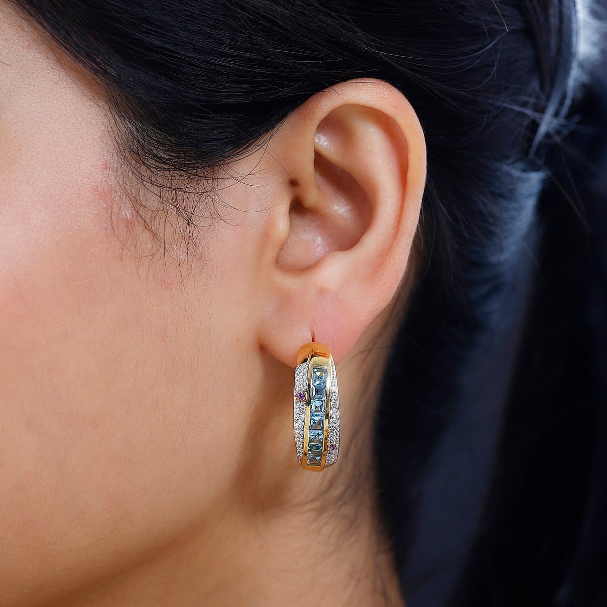 GP Celestial Collection - Swiss Blue Topaz and Multi Gemstone Hoop Earrings in 18K Yellow Gold Vermeil Plated Sterling Silver 3.56 Ct, 7711869 3