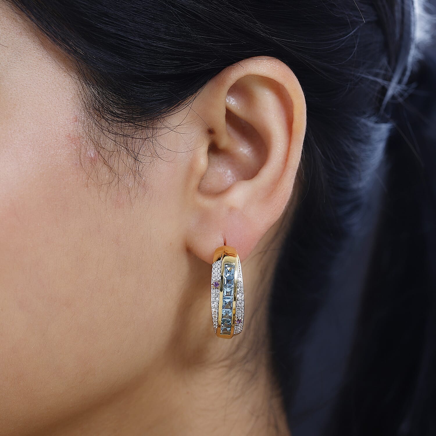 GP Celestial Collection - Swiss Blue Topaz and Multi Gemstone Hoop Earrings in 18K Yellow Gold Vermeil Plated Sterling Silver 3.56 Ct, 7711869 3