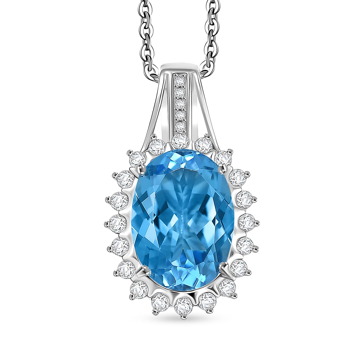 Swiss Blue Topaz &amp; White Zircon Halo Pendant with Chain (Size 20) in Rhodium Overlay Sterling Silver 7.75 Ct, Silver Wt. 5.00 Gms. 4439458 0