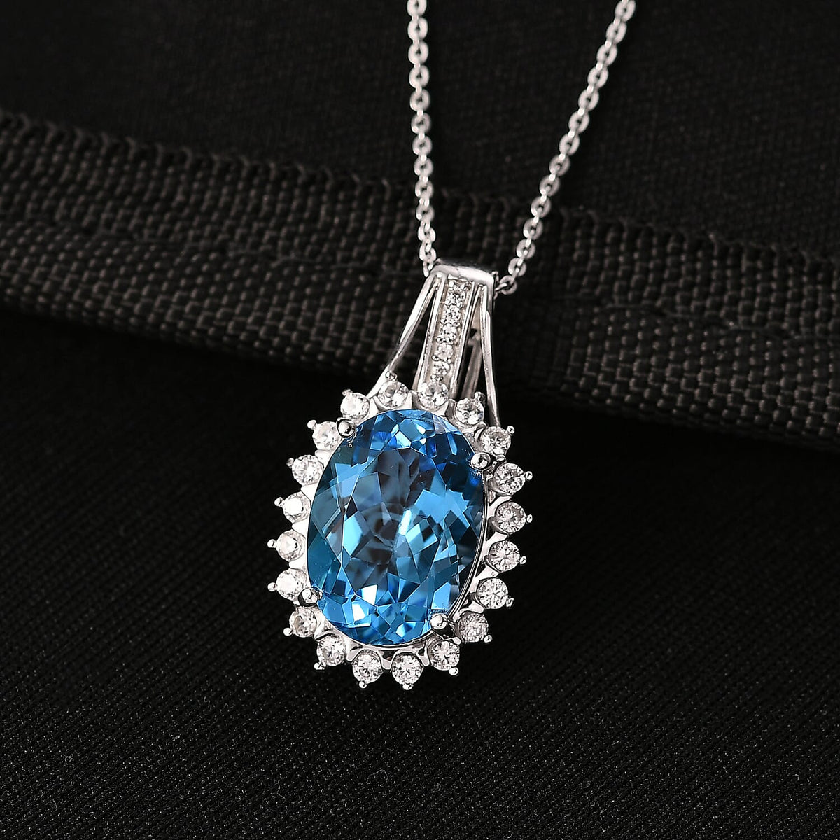Swiss Blue Topaz &amp; White Zircon Halo Pendant with Chain (Size 20) in Rhodium Overlay Sterling Silver 7.75 Ct, Silver Wt. 5.00 Gms. 4439458 2